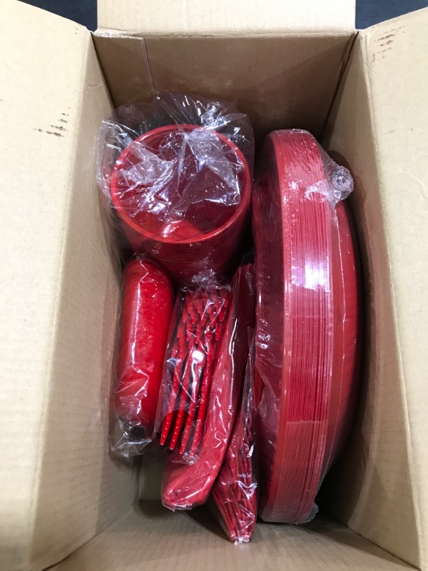 Photo 2 of 175 PCS Red Plastic Dinnerware Set Includes 50 Red Plastic Plates, 25 Red Plastic Cups, 25 Red Napkins, 25 Red Plastic Cutlery Spoons Forks & Knives, Disposable Dinnerware Set, Red Party Supplies Set
