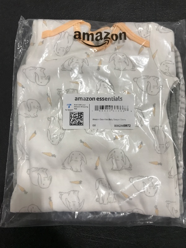 Photo 1 of Amazon Essentials Unisex Babies' Cotton Sleeper Gowns, Pack of 3 6 Months Grey, Bunny. SIZE 6 M. 