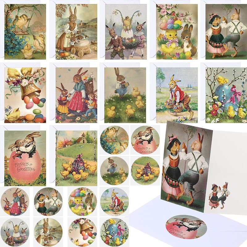 Photo 1 of 120 Sets Vintage Easter Cards with Stickers and Envelopes Retro Chicks Bunnies Egg Easter Greeting Cards Funny Easter Postcards Vintage Easter Stickers Assorted Blank Notes Cards for Home Class Office 