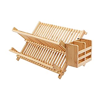 Photo 1 of Amazon Basics Folding 2-Tier Bamboo Dish Drying Rack with Utensil Holder - Collapsible, Natural