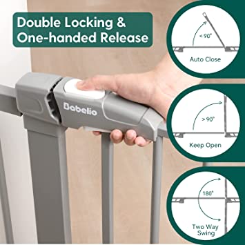 Photo 3 of BABELIO 26-40 Inch Easy Install Pressure Mounted Metal Baby Gate/Pet Gate, No Drilling, No Tools Required, with Wall Protectors and Extenders (Gray) Gray 26-40 Inch (Pack of 1)