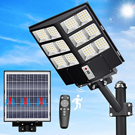 Photo 1 of 600W Solar Street Light, 6500K 60000LM Solar Parking Lot Lights Commercial Dusk to Dawn, Wide Angle Led Solar Security Lights Waterproof with Motion Sensor Wireless Remote for Yard, Garage. OPEN BOX. 
