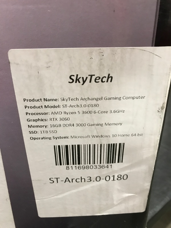 Photo 12 of Skytech Archangel 3.0 Gaming PC Desktop. AMD RYZEN 5 3600 6 CORE 3.6GHZ. RTX 3060. 16GB DDR4 3000 GAMING MEMORY. 1TB SSD. MICROSOFT WINDOWS 10 HOME 64 BIT. OPEN BOX. 
