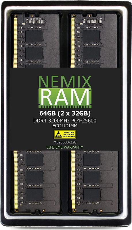 Photo 1 of 64GB 2x32GB DDR4-3200 PC4-25600 2Rx8 ECC Unbuffered Server Memory by NEMIX RAM
