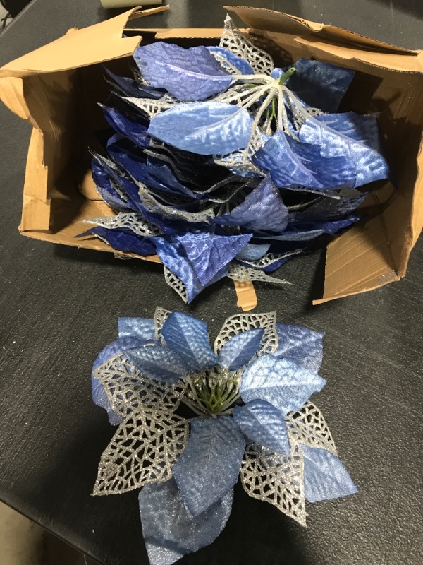 Photo 1 of 10 Pack Christmas Poinsettia Flowers Glitter Poinsettia Bushes Christmas Tree Flowers Christmas Poinsettia Ornament, Artificial Poinsettia Flowers Christmas Decorations- BLUE