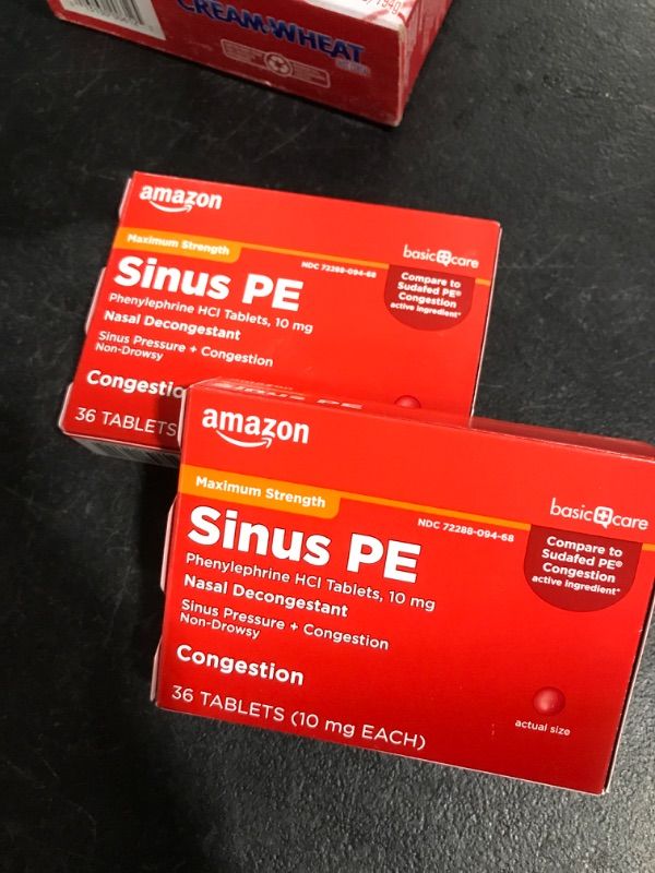 Photo 2 of 2 boxes of Amazon Basic Care Sinus PE, Maximum Strength Nasal Decongestant, Cold Medicine, Phenylephrine HCl Tablets, 10 mg, 36 Count