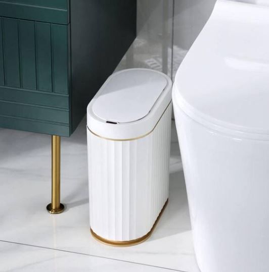 Photo 1 of 2 Gal. Golden Bathroom Waterproof Slim Plastic Intelligent Trash Can with Lid
