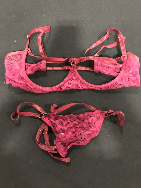 Photo 2 of [Size S] SheIn Women's 2 Piece Sexy Lace Strap Bralette Bra and Panty Lingerie Set Push Up -Burgundy