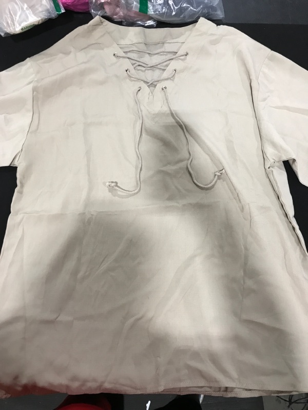 Photo 2 of [Size L] Men's Fashion Shirt Short Sleeve Beach V-Neck Drawstring Printing Yoga African Summer Top Large Solid Khaki