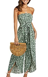 Photo 1 of [Size M] Angashion Women's Jumpsuits Summer Casual Off Shoulder Strapless Floral Print Belted Slit Wide Leg Long Pant Romper Green