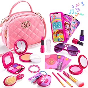 Photo 1 of Girl Purse with Play Makeup Kit, Little Kids Pretend Make Up Handbags with Pink Cosmetics Accessories