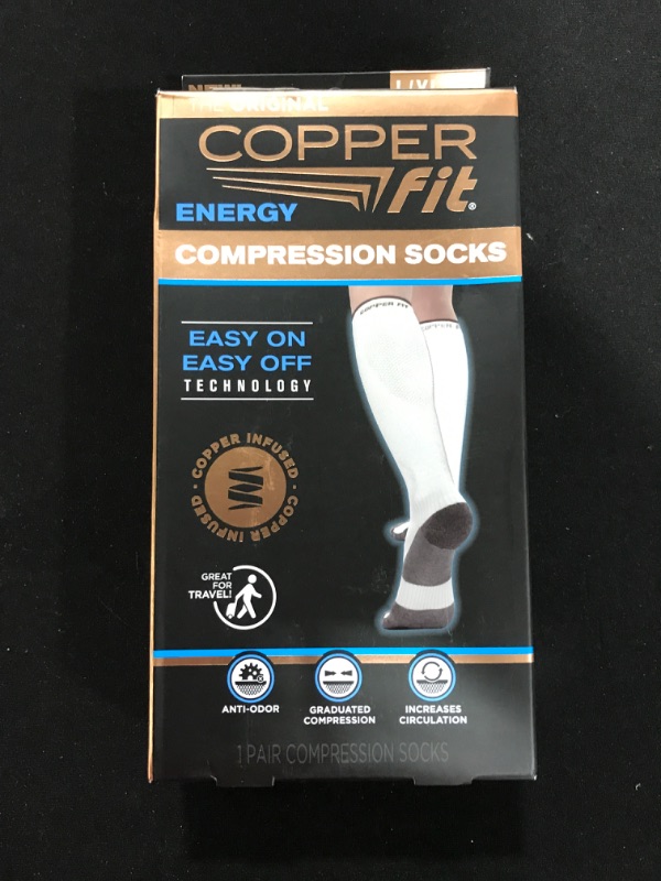 Photo 2 of [Size Large-X-Large] Copper Fit Energy Unisex Easy-On/Easy-Off Knee High Compression Socks White 