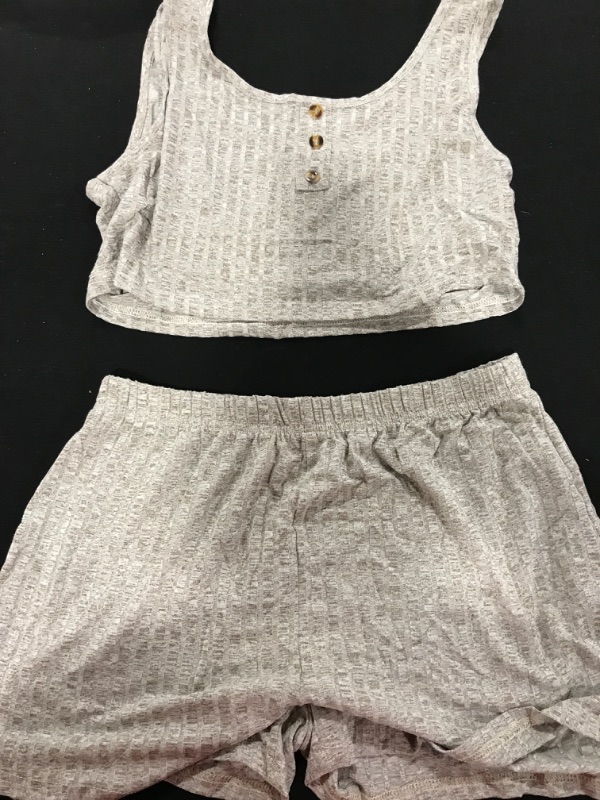 Photo 2 of [Size L] Milumia Women 2PCS Pajama Set Ribbed Knit Button Crop Tank Top and Shorts Loungewear