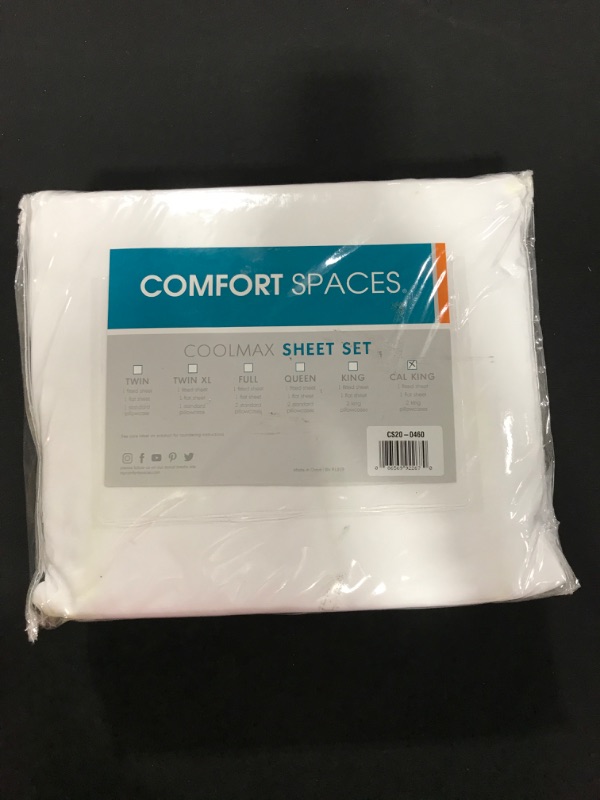 Photo 2 of [Size King] Comfort Spaces Coolmax Moisture Wicking Sheet Set Soft, Fade Resistant, All Elastic Deep Pocket Fits Up to 16" Mattress - Warm Weather Cooling Sheets for Night Sweats, Cal King, White, 4 Piece White California King Sheets set
