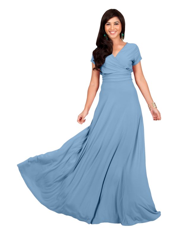 Photo 1 of  KOH KOH Long V-Neck Flowy Cap Short Sleeve V-Neck Bridesmaid Wedding Guest Party Formal Summer Sundress Tall Gown Maxi Dress Dresses For Women Pastel Blue  SIZE XL