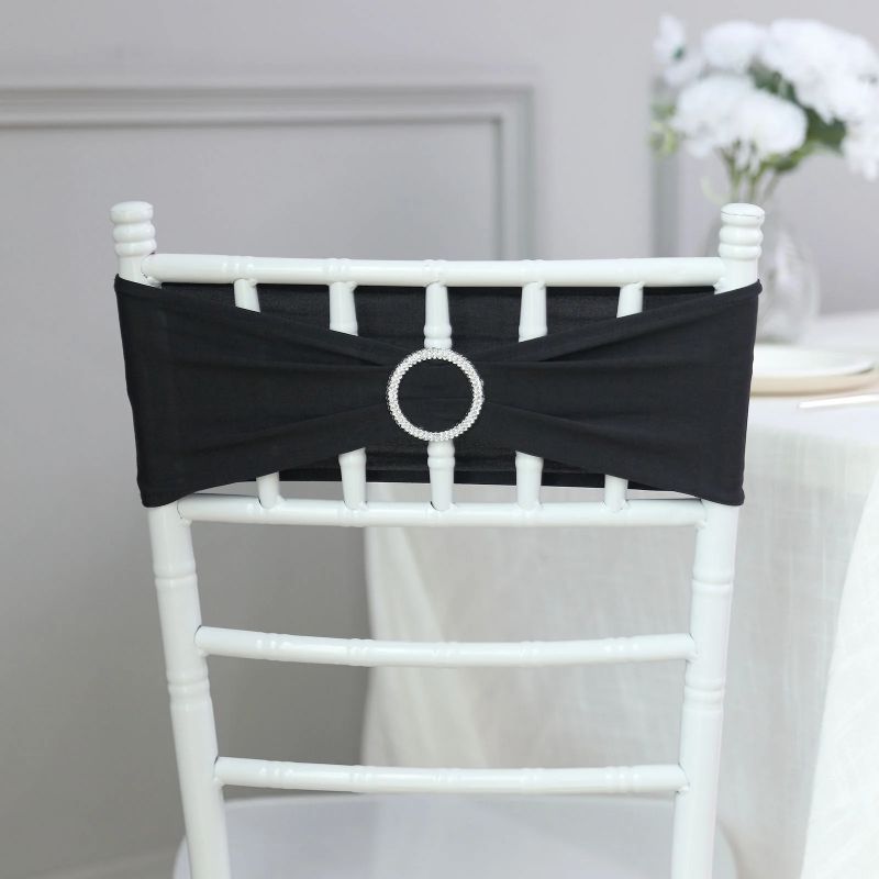 Photo 1 of 10 Pack | Black Spandex Stretch Chair Sashes With Silver Diamond Ring Slide Buckle | 5"X14"