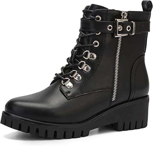 Photo 1 of [Size8] CentroPoint Women's Fashion Wedge Ankle Boots Side Zipper Lace-up Combat Booties Round Toe Platform Shoes
