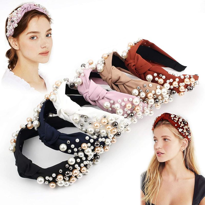 Photo 1 of 6 Pack of Wide Fabric Wrapped Pearl Accents Head Bands-multiple colors