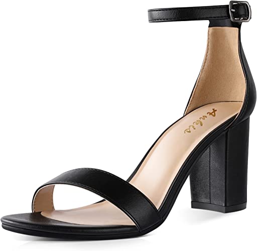 Photo 1 of (7.5)SIZE 2.75 Inches Tall Thick Heel Design Nude Black Silver Gold Heels for Women Open Toe Ankle Strap Chunky Heel Pump Sandals Party Wedding Strappy Buckle Sandals Standard Size 