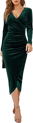 Photo 1 of [Size XL] DIRASS Women's Elegant Velvet Long Sleeve Wrap V Neck Ruched Bodycon Cocktail Party Maxi Dress