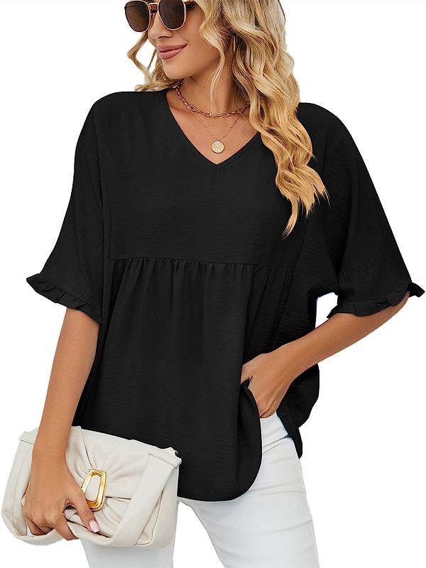 Photo 1 of  QegarTop Women Babydoll Tops Ruffle Short Sleeve Summer Blouses Flowy Shirts Medium