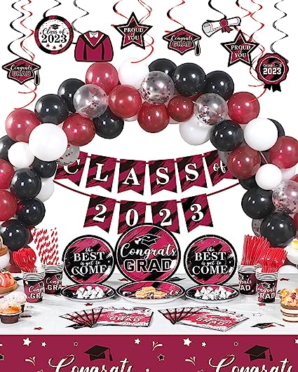 Photo 1 of 294 Pcs Graduation Party Decorations Class of 2023 Graduation Party Supplies Including Graduate Tableware Balloons Paper Plates Napkins Cups Plastic Tablecloth Banner Hanging Swirls (Maroon)
