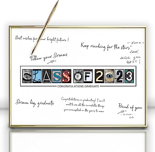 Photo 1 of Framed Class of 2023 Graduation Party Decorations 12"X16" Gold- Guest Book Alternative - Gold Pen Included, Table Centerpiece Sign Poster Ready to Hang & Stand - Signature Board Gift for Him & Her
