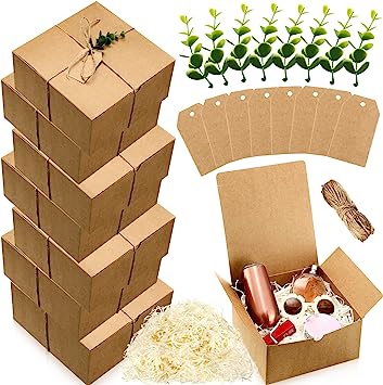 Photo 1 of 26 Pcs Gift Boxes Set 8 Bridesmaid Proposal Boxes 8 x 8 x 4 Inch Bridesmaid Proposal Gift 8 Kraft Paper Gift Tag 8 Plastic Eucalyptus Leaves Stems 1 Cut Paper Shred Filler 1 Twine Rope (Kraft, White)
