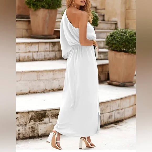Photo 1 of [Size S]Light Blue Amkoyam Women's Summer One Shoulder Maxi Dresses 2023 Casual Batwing Sleeve High Waist Split Party Cocktail Long Dress