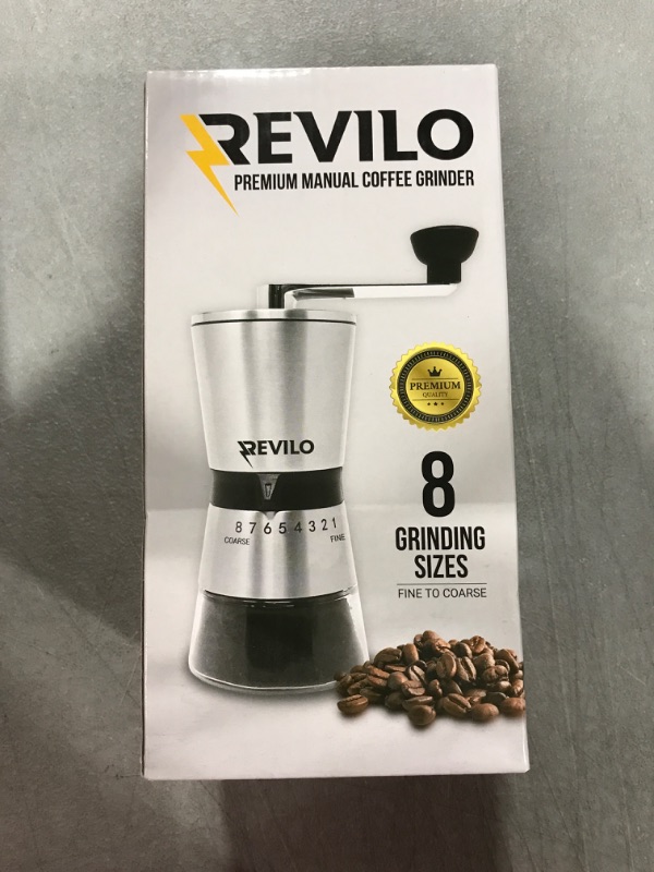 Photo 2 of Revilo Manual Coffee Grinder Stainless Steel Burr Handheld Precision Mill 8 Adjustable Coarseness Settings Beechwood Knob 60 Grams Capacity Glass Jar Portable For Office Travel Camping. 