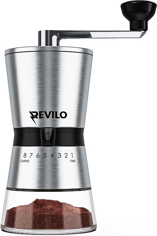 Photo 1 of Revilo Manual Coffee Grinder Stainless Steel Burr Handheld Precision Mill 8 Adjustable Coarseness Settings Beechwood Knob 60 Grams Capacity Glass Jar Portable For Office Travel Camping. 