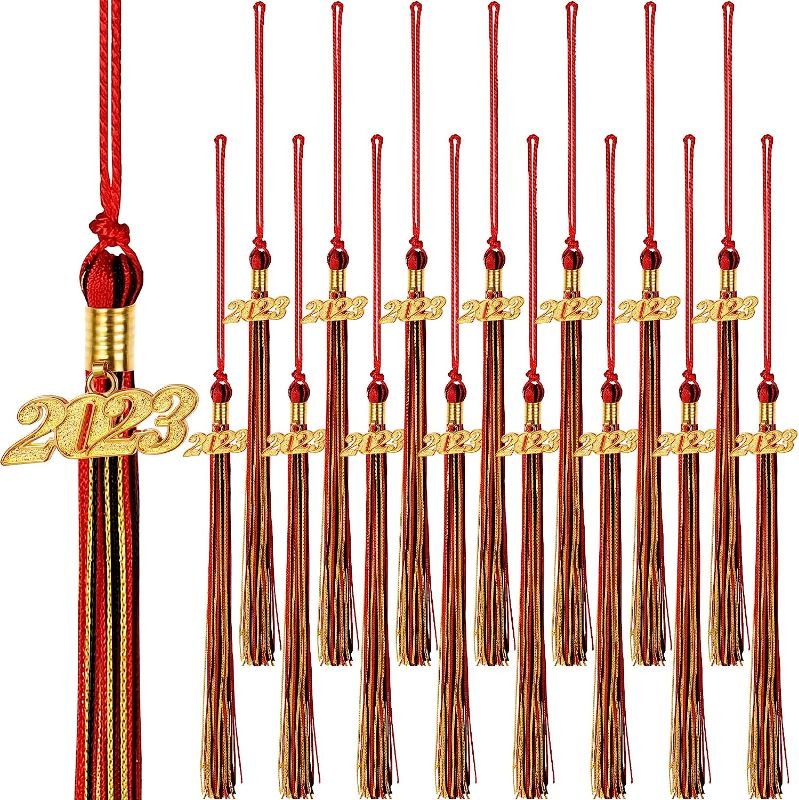 Photo 1 of 16 Pieces Academic Graduation Tassel with Gold 2023 Year Charm Pendant Graduation Tassels with 2023 Year Charm Accessories for Graduate Parties Ceremonies (2023 Year, Black Gold, Red Gold) 