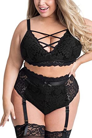 Photo 1 of [Size 4XL] Plus Size Lingerie Set for Women with Garter Belts, Lace Teddy Babydoll Strappy Bra and Panty Set, Black