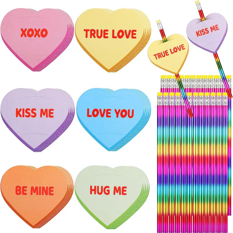 Photo 1 of 24 Set Valentine's Day Rainbow Pencils with Sugar Hearts Cards for Students Valentines Greeting Cards with Pencils Valentines Pencils Bulk for Boy Girl Party Favors Gift Classroom Exchange Prizes