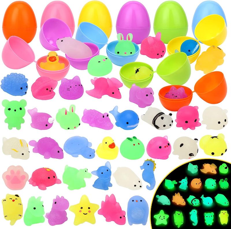 Photo 1 of 36 Pcs Mochi Squishy Glow in The Dark and Sparkling Toy, Pre Filled Easter Eggs Hunt, Kawaii Animal Stress Relief Toys for Easter Basket Stuffers, Basket Filler, Easter Party Favor, Classroom Prize
