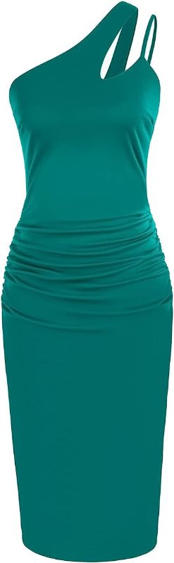 Photo 1 of [Size XL] GRACE KARIN Women's 2023 Summer Bodycon Dress Cutout One Shoulder Sleeveless Ruched Cocktail Party Midi Dresses [Teal]