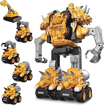 Photo 1 of Dinosaur Transformer Toys, 5 In 1 Robots Construction Vehicles Set, Dino Robot Transformer Action Figures Magnetic Assemble Toys for Boys 4-10, Take Apart Cars Set for Kids Toddler Birthday Gifts
