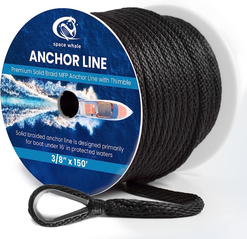 Photo 1 of 3/8" x 150' Marine-Grade Solid Anchor Line with Thimble I Excellent Heavy Duty 1818 lbs MBS I Black Solid Braided MFP Anchor Line I Highly Effective, Sun and Saltwater Resistant