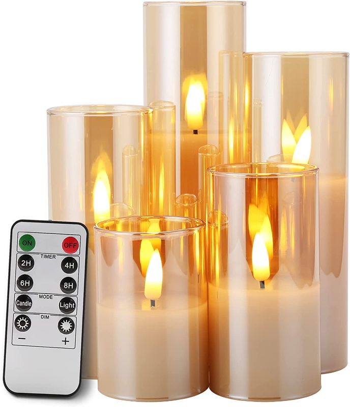 Photo 1 of Girimax Slim Gold Glass Flameless Candles with Remote, Flickering Battery LED Votive Pillar Candles D 2" H 3" 4" 5" 6" 7"