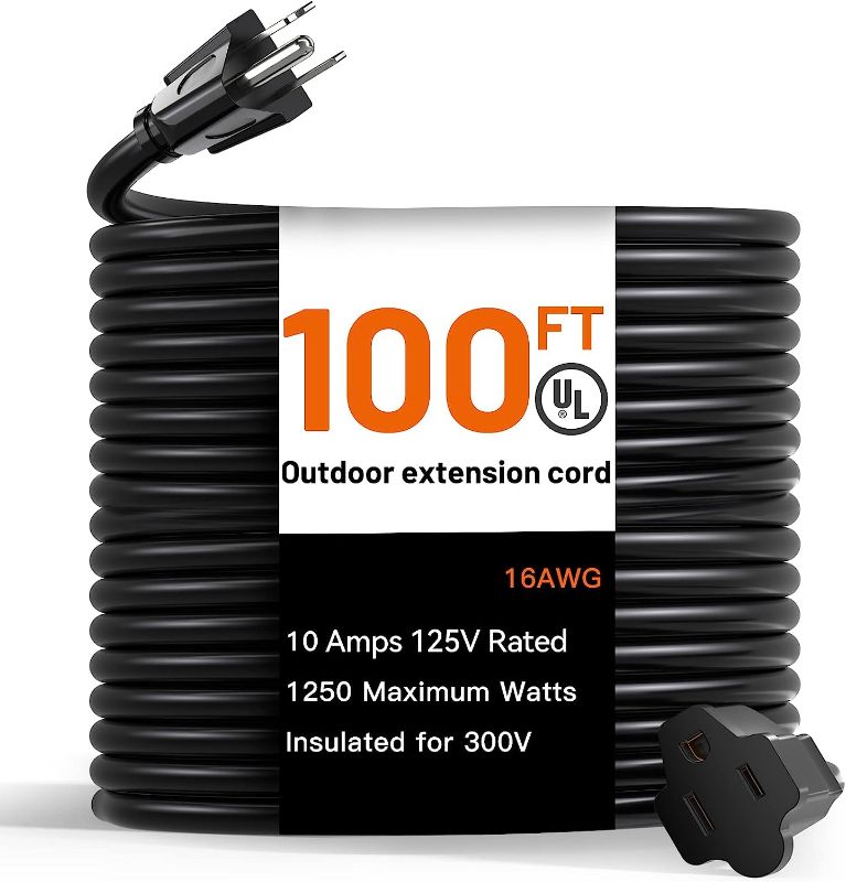 Photo 1 of 100 Feet Outdoor Extension Cord Waterproof, Black Extreme All Weather 16 Gauge Extensions Cord with Covers, Flexible 100% Copper 3 Prong Extension Cord for Lawn, Garage, UL Listed
