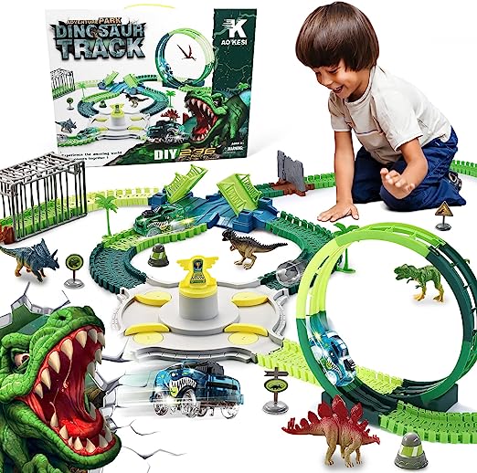 Photo 1 of 236 PCS Dinosaur Toys Race Track, Create a Dinosaur World Road,Flexible 360° Train Tracks Playset with Turntable Playset, Christmas Birthday Gifts for 3 4 5 6 7 Years Old Boys Girls Kids