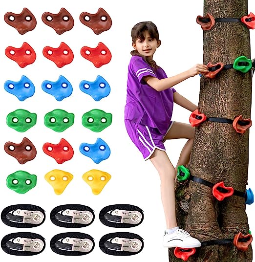 Photo 1 of 18 Ninja Tree Climbing Holds and 6 Sturdy Ratchet Straps for Kids Tree Climbing, Large Climbing Rocks for Outdoor Ninja Warrior Obstacle Course Training