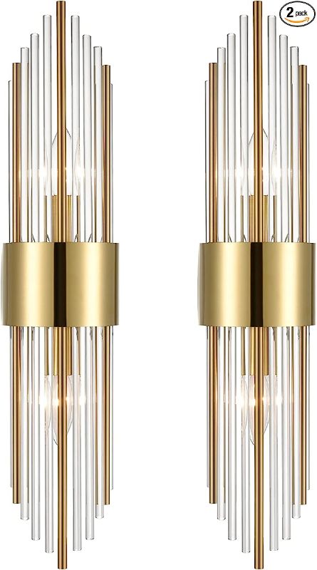 Photo 1 of SHAWNKEY 2-Light Modern Brushed Titanium Gold Wall Sconce with Clear Glass Crystal Luxury Wall Light Fixtures for Bedroom Living Room Bathroom Vanity Mirror Light Fixtures Set of 2