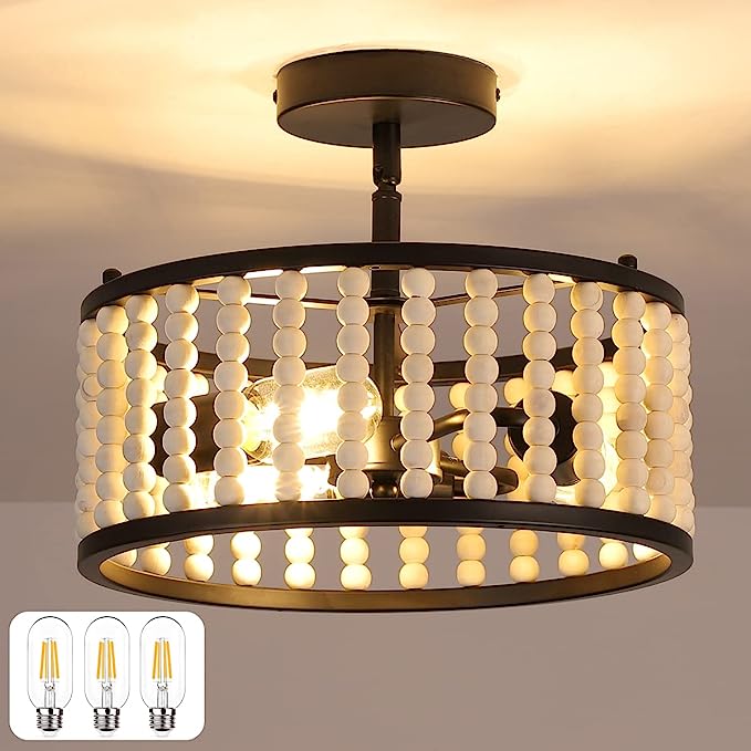 Photo 1 of  Wood Beaded Ceiling Light Bohemian Semi Flush Mount Light Fixture 3-Light for Foyer Hallway Bedroom Kitchen Utility Room Black (Bulbs Included)