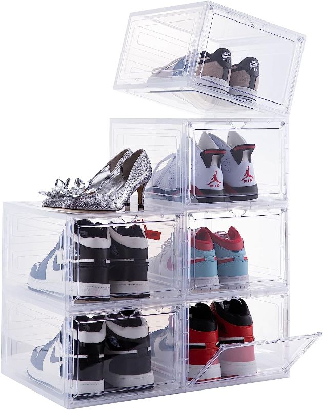 Photo 1 of Attelite Drop Front Plastic Shoe Box with Clear Door,Set of 6,Stackable,For Display Sneakers,Easy Assembly,Fit up to US Size 12(13.4”x 10.6”x 7.4”)
