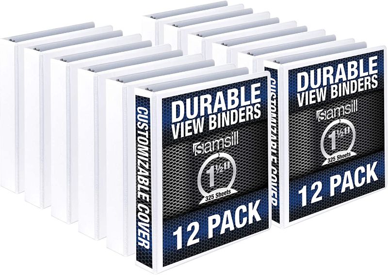 Photo 1 of Samsill Durable 3 Ring Binder, Made in The USA, 1.5-Inch Round Ring Binder, Holds 325 Sheets, Customizable Clear View Binder, White, 12 Pack (?MP128457)
