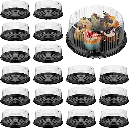 Photo 1 of 24 Pieces 8 Inch Plastic Serving Tray with Lid Clear Platters with Clear Lids Round Cake Transport Container Disposable Cake Carrier Cake Holder for Storing Party Takeout Food Catering Display (Black) 