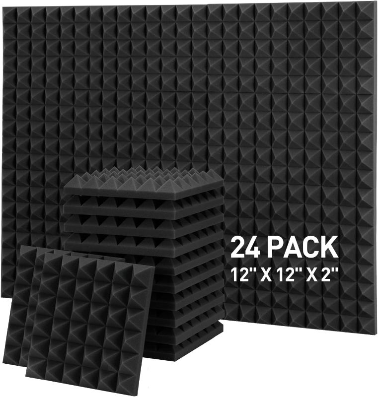 Photo 1 of 24 Pack Auslet Acoustic Panels, 12 x 12 x 2 Inches Acoustic Foam Panels, Pyramid Soundproof Wall Panels, Black Sound Proof Foam Panels, Sound Panels for Recording Studio
