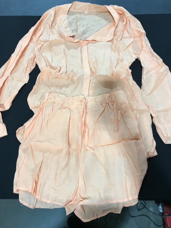 Photo 1 of [Size M] Women's Long Sleeve Button Up with Matching Shorts Set- Tangerine