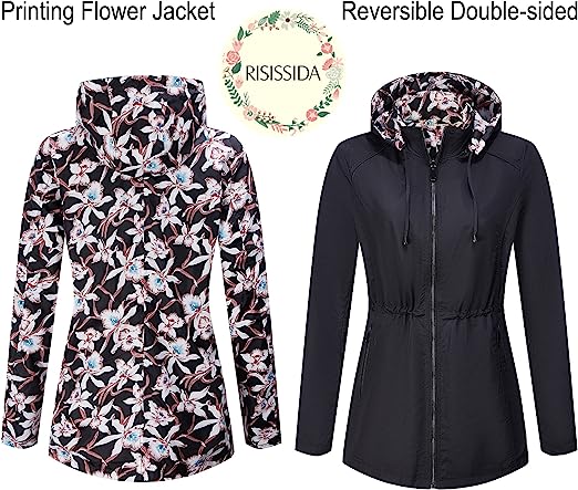 Photo 1 of [Size L] RISISSIDA Women Reversible Floral Print Jacket Hooded Spring Fall Fashion, Casual Lightweight Waterproof Thin Transition Coat- Black
